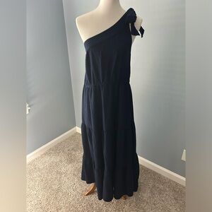 Navy One Shoulder Midi Dress